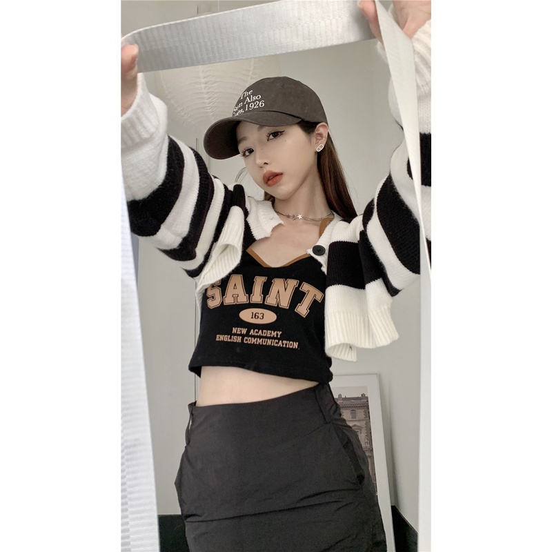 Áo Dệt Kim Ngắn Kẻ Sọc Màu Sắc Tương Phản Phong Cách Vintage Dành Cho Nữ