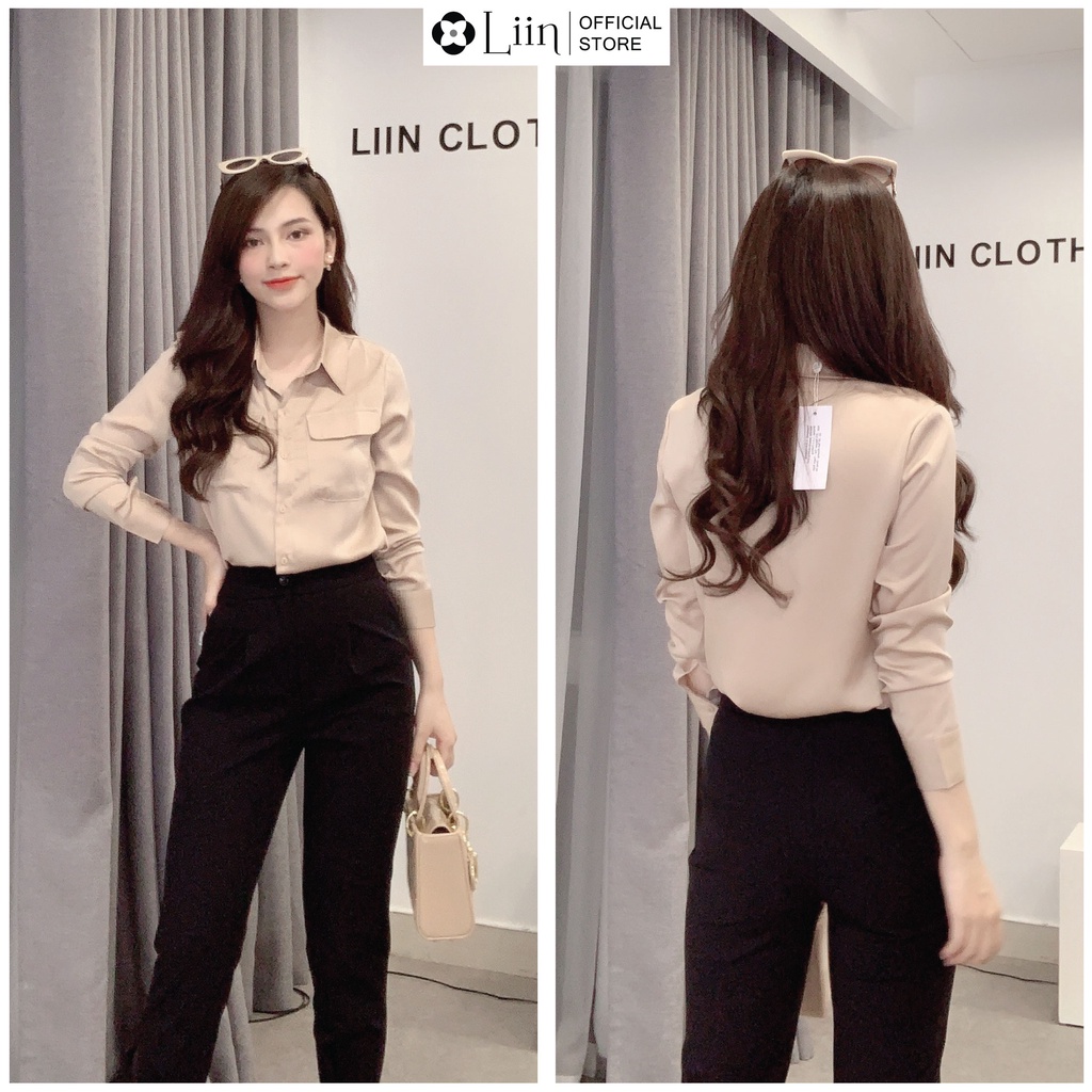 Áo sơ mi dài tay chất Lụa Be 2 Túi form trơn, basic thanh lịch Liin Clothing SM3663