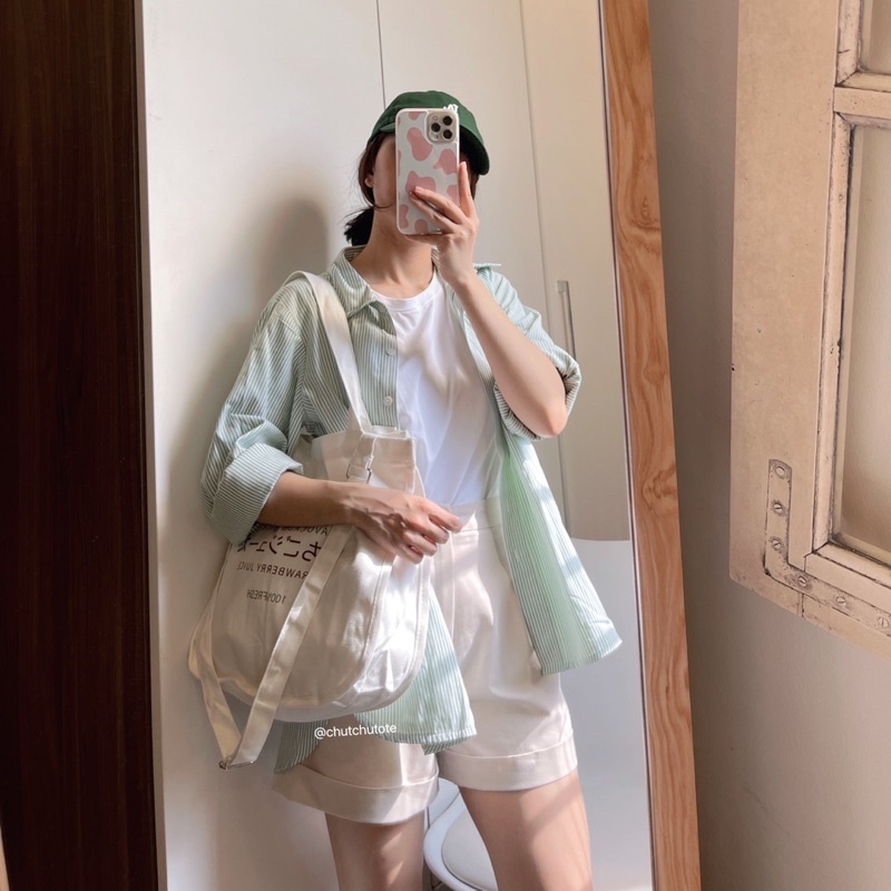 T285/ Túi vải tote Nhật Bản dễ thương Strawberry đi kèm dây đeo chéo
