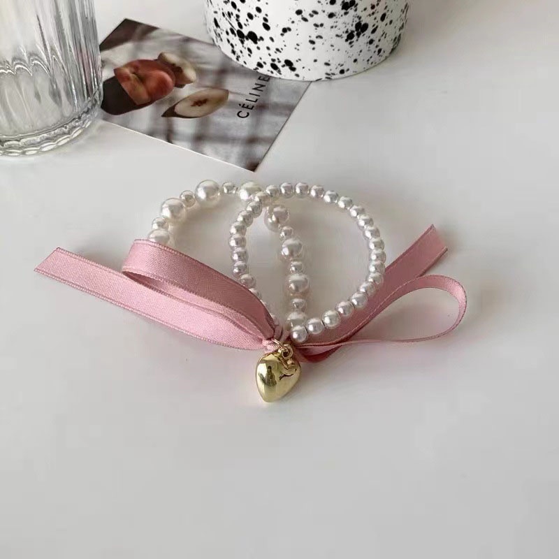 Dây Cột Tóc Co Giãn Hình Nơ Đính Hạt Ngọc Trai Dễ Thương