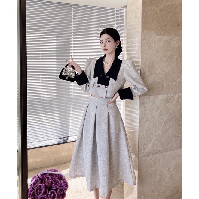 Set áo vest dáng ngắn cổ bẻ, tay xếp bồng kèm chân váy dài xếp li (có ảnh thật)