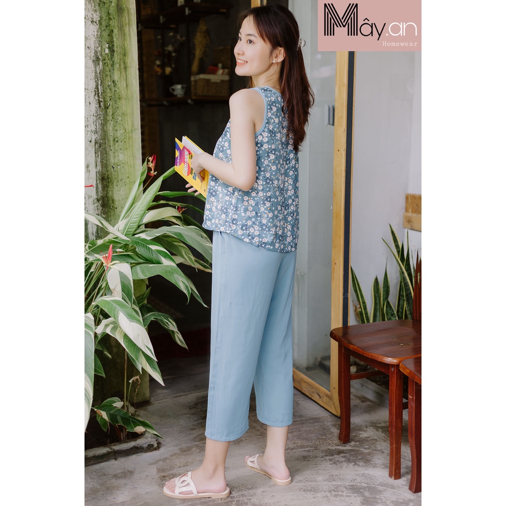 Đồ mặc nhà MÂY áo hoa sát nách quần dài lụa lạnh Hàn Quốc
