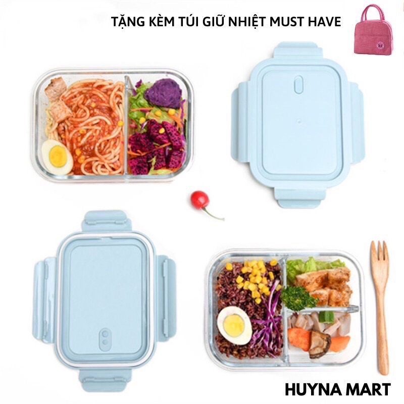 Bộ hộp cơm văn phòng bằng thủy tinh cao cấp chia ngăn kèm túi giữ nhiệt + Bộ thìa