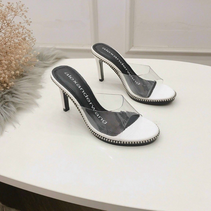 Guốc mica viền bi lót chữ WA gót nhọn 8p (hàng đẹp)