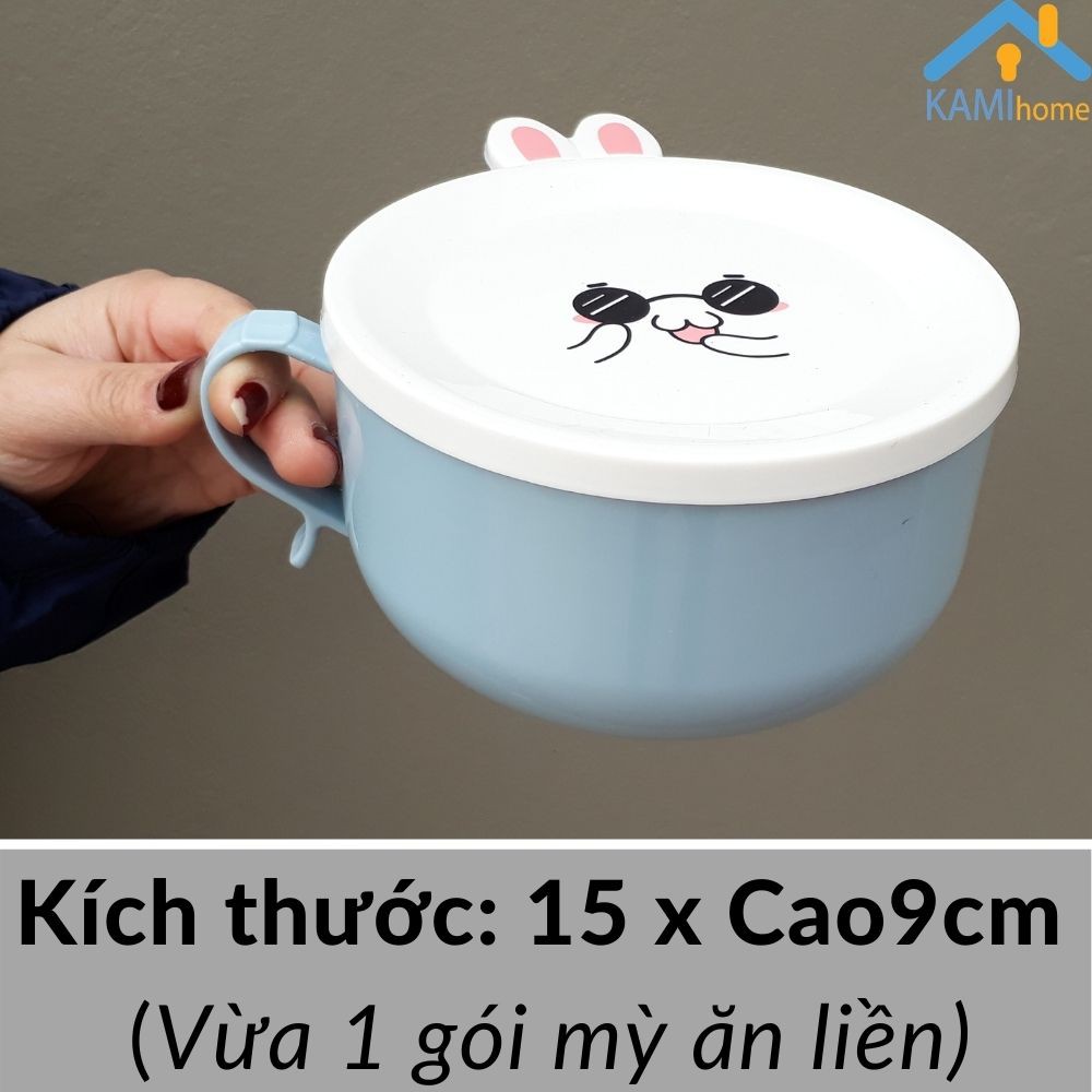 Bát ăn mì có nắp 2 lớp Inox chống nóng lớp ngoài cách nhiệt in hình dễ thương Kami20054