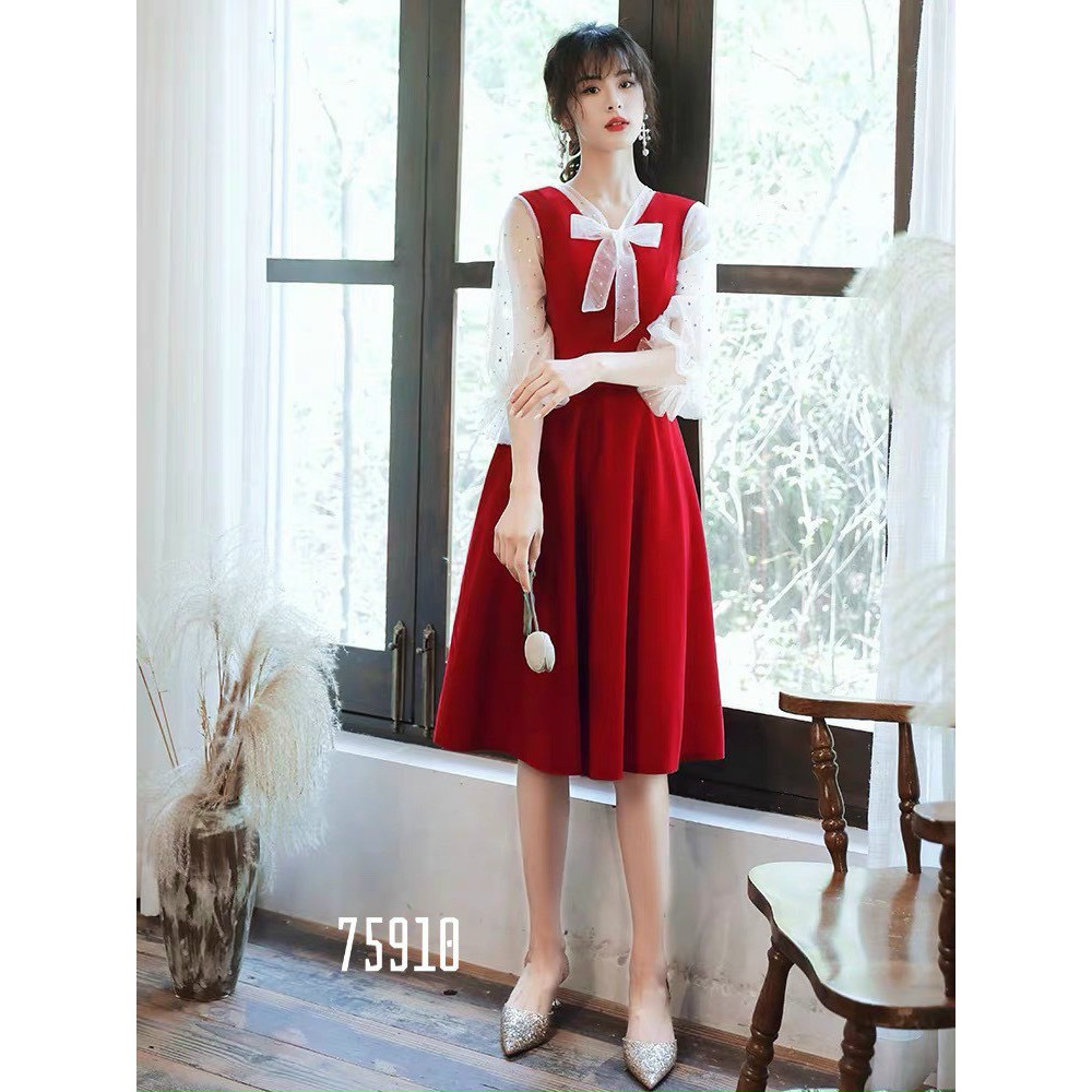 Đầm xòe nơ cổ chất đẹp phù hợp dự tiệc, diện Tết đủ size S,M,L,XL,XXL - 75910