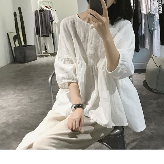 Áo kiểu cổ tròn tay lửng phong cách Hàn Quốc tùy chọn màu sắc dành cho nữ