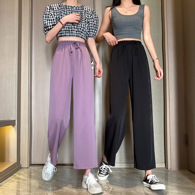 SUXI Quần Dài Lưng Cao Ống Rộng Màu Trơn Thời Trang Mùa Hè Hàn Quốc