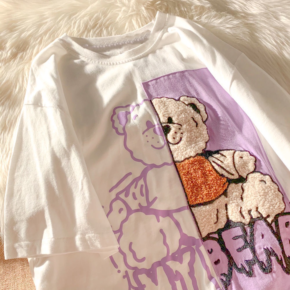 Áo Thun Cotton Dáng Rộng Tay Ngắn In Hình Gấu Dễ Thương Thời Trang Mùa Hè Cho Nữ 2022