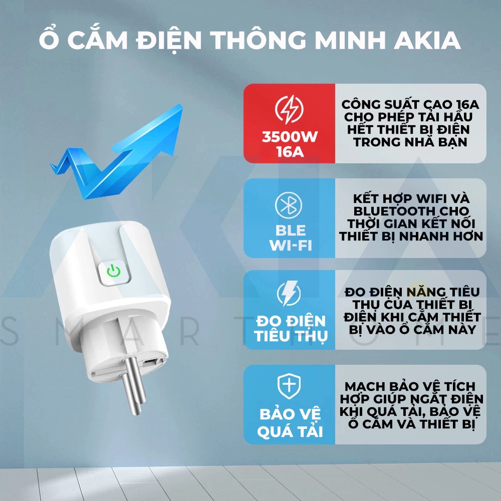 Ổ cắm wifi thông minh AKIA 3500W 16A - Tuya smart plug có đo điện năng tiêu thụ, kết nối app Smart Life