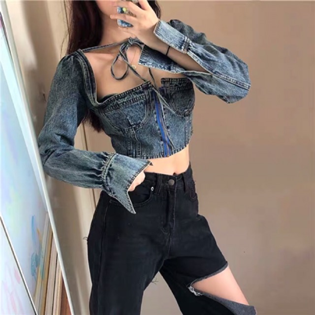 [FORM DÀI TAY/CỘC TAY] Set Áo croptop bò LISA khoá ngực cổ vuông + chân váy đen thắt dây xẻ đùi Ulzzang cá tính sexy ❤️