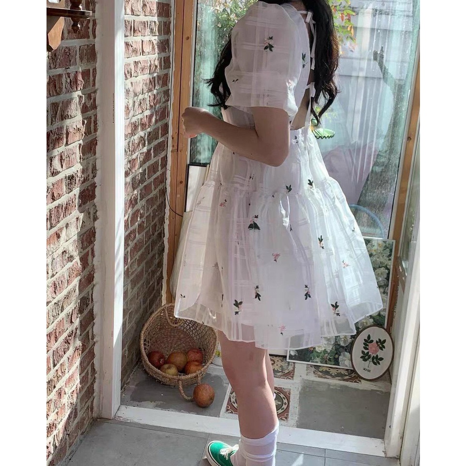 Đầm babydoll hoa ô vuông trắng cột dây lưng💖 KÈM ẢNH THẬT