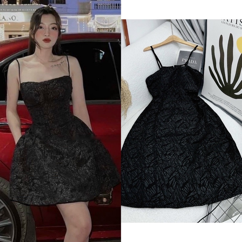 Đầm gấm xốp đen 2 dây, đầm váy ngắn xoè đơn giản sang trọng/chảnh dễ thương thời trang hot girl đi chơi dạo phố dự tiệc