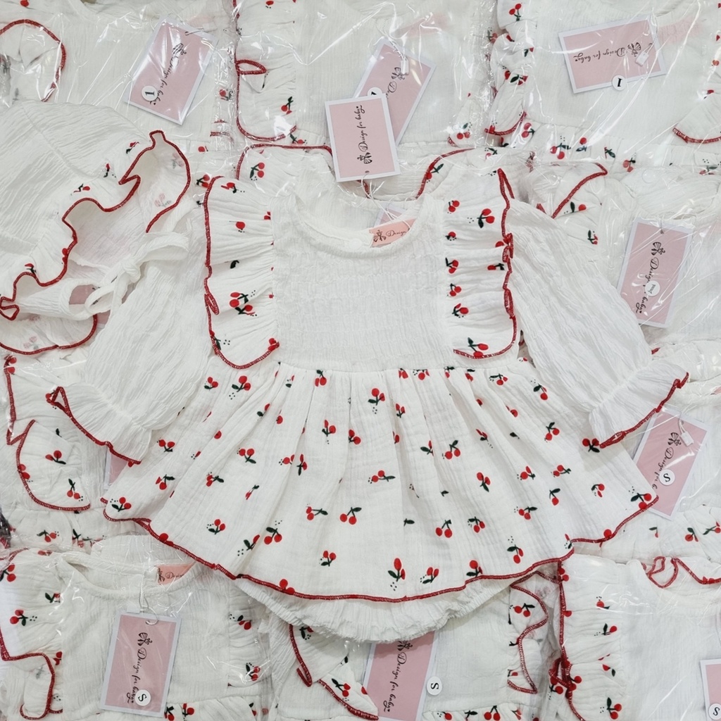 Body váy Cherry tay lửng thiết kế cao cấp cho bé gái sơ sinh -13kg diện Lễ, Tết, Thôi nôi - Riokids BD11