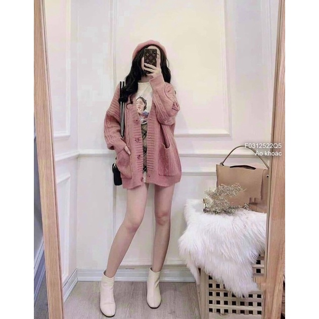 Áo khoác len hồng có túi form rộng tay dài hàng QC!