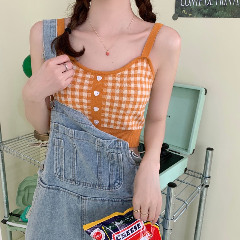 Áo Vest Dệt Kim Kẻ Caro Ngọt Ngào 175288 Áo Croptop Hai Dây Gợi Cảm Xinh Xắn Dành Cho Nữ