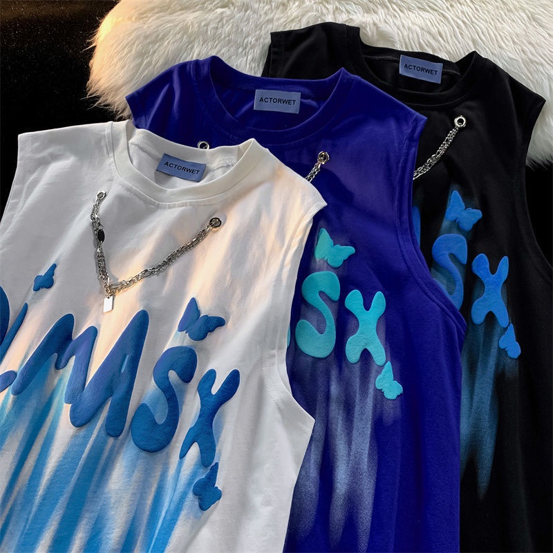 Jiashucheng Áo Thun Sát Nách Dáng Rộng In Chữ Graffiti Đường Phố Mỹ Thời Trang Mùa Hè Cho Các Cặp Đôi