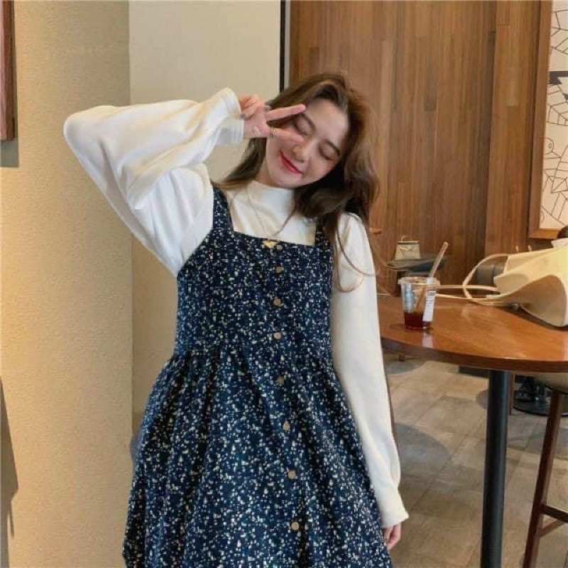 Sét Áo Tay Dài Mix Yếm Hoa Dày Dặn 🦋FREESHIP 🦋Yếm Dáng Dài Kiểu Vintage Siêu Xinhh