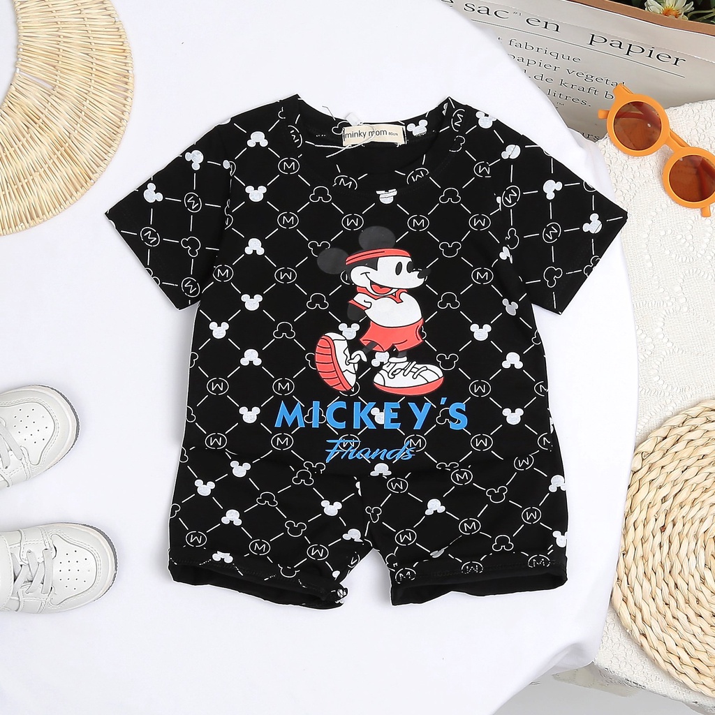 Bộ cộc tay cotton 4 chiều minky mom cho bé trai bé gái hình in meckey thương hiệu size 7 đến 27 cân