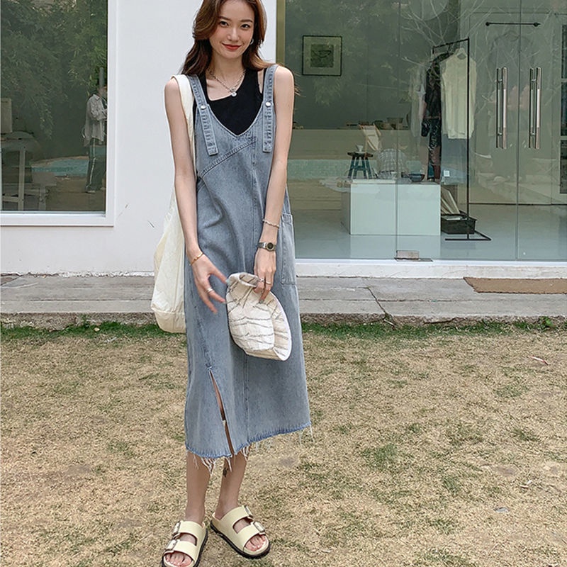 Đầm Yếm Denim Dài Qua Gối Không Tay Dáng Rộng Phong Cách Retro Pháp Thời Trang Mùa Hè Dành Cho Nữ
