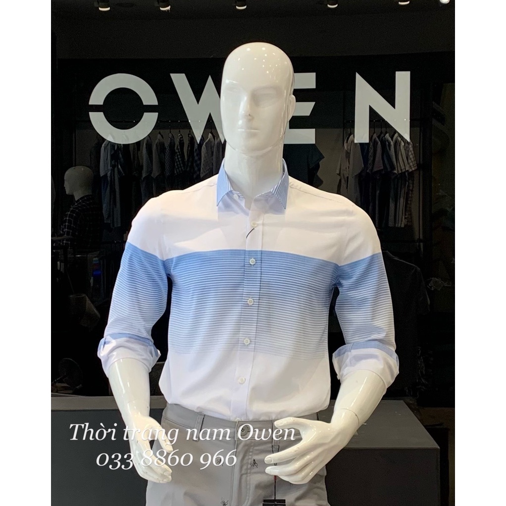 OWEN - Áo sơ mi dài tay Owen Slimfit chất sợi tre màu trắng sọc xanh 23305