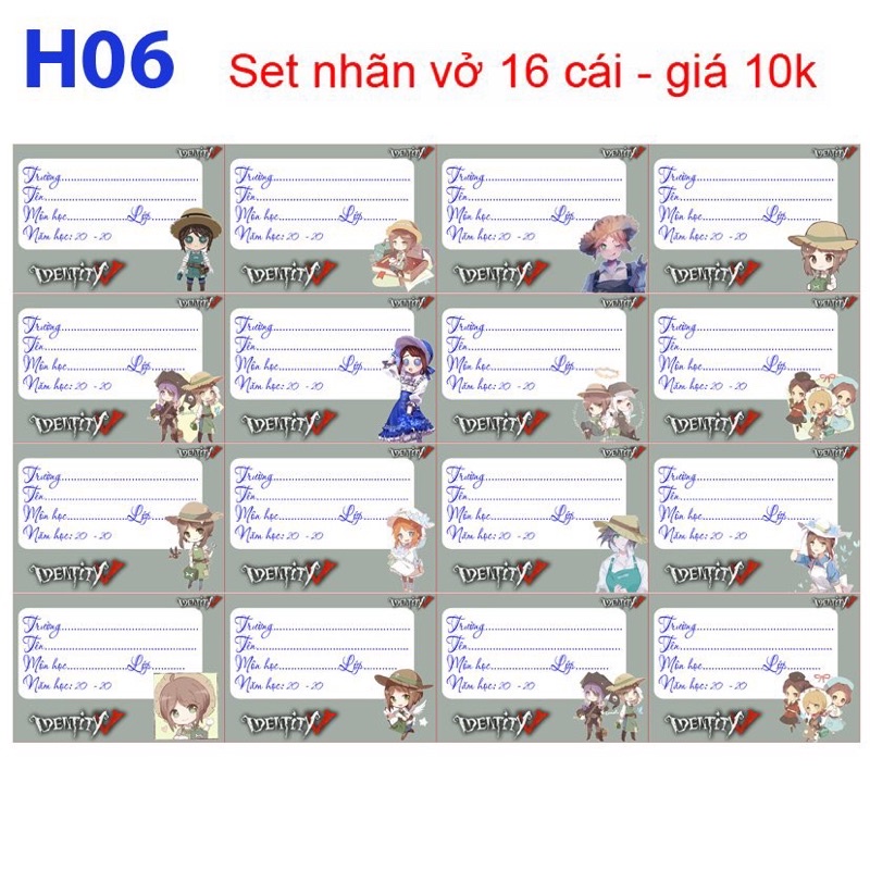 nhãn vở Anime ldentity V 20-140  cái khác nhau/ nhãn vở ldentity v