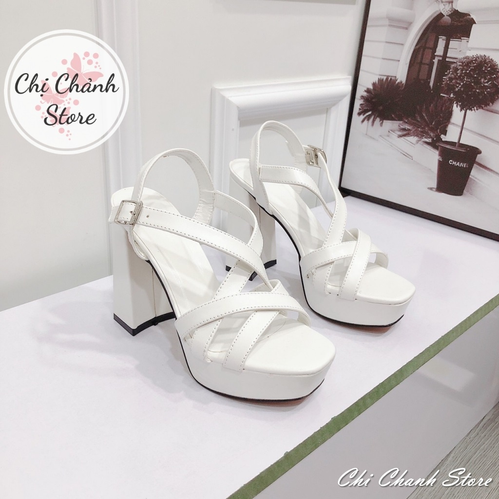 Sandal Cao Gót 12p Mũi Đúp Quai Đan Chéo Chuẩn Form Lên Chân Cực Xinh Giày Cao Gót Nữ Đen Da Lộn, Trắng Da Xi Chi Chanh