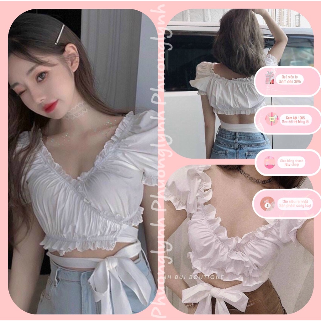 Áo Kiểu Nữ Nhún Đắp Chéo Croptop Cột Nơ Eo ( kèm viedeo thật shop tự quay )