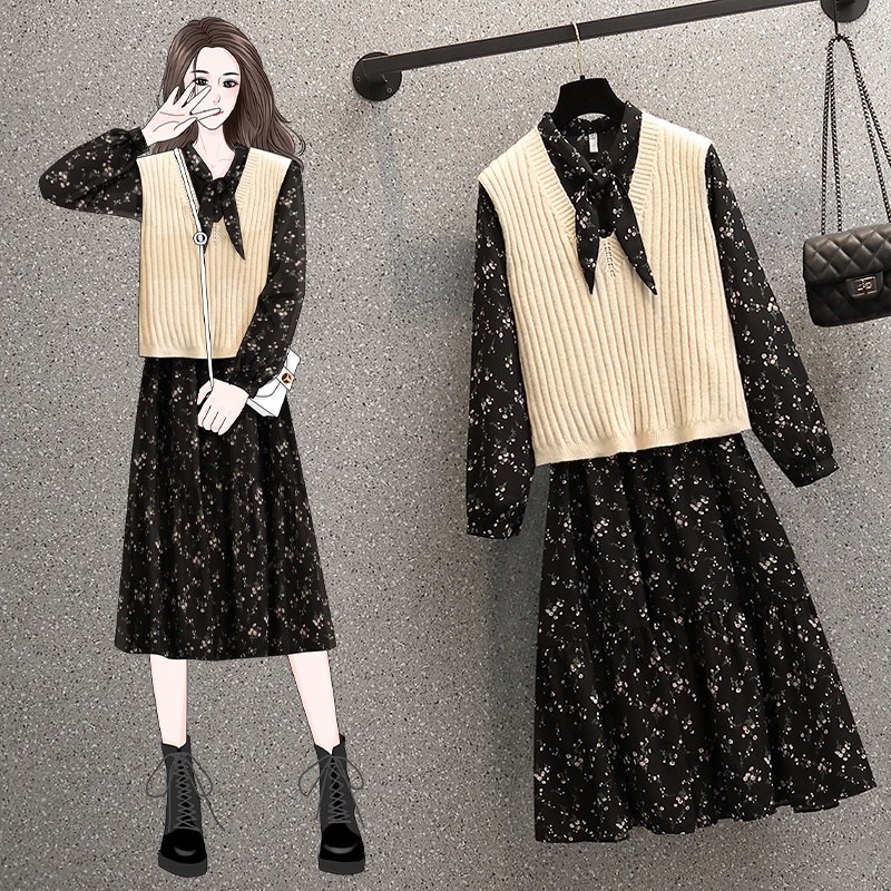 🌸Hàng Order(Sẵn 3XL,4XL)🌸Váy Đầm Bigsize Sét Váy Hoa Nhí Thắt Nơ Bo Eo Kèm Áo Gile Len Trẻ Trung Nữ Tính🌸Hàng Quảng Châu