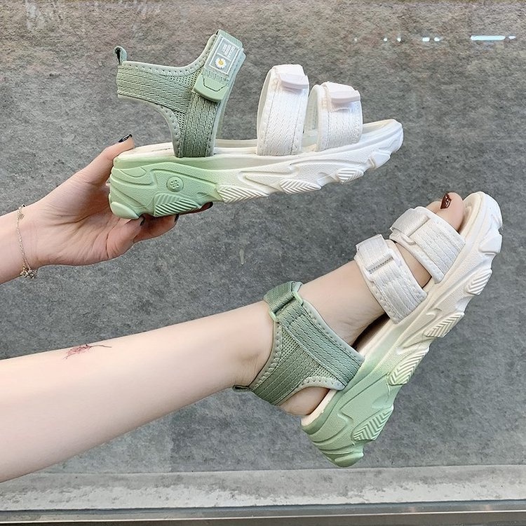 Giày Sandal Nữ Ulzzang Vintage Màu Gradient Hai Quai Ngang Khóa Dán Đế Độn 3cm Hàn Quốc, Street Style - Iclassy_shoes