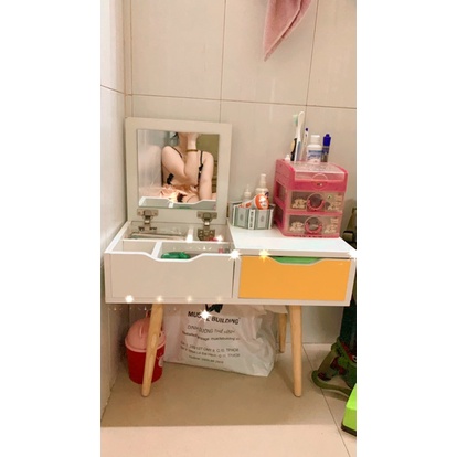Bàn trang điểm ngồi bệt chân gỗ sồi cao 30cm gương gập tiết kiệm diện tích phòng-GP92