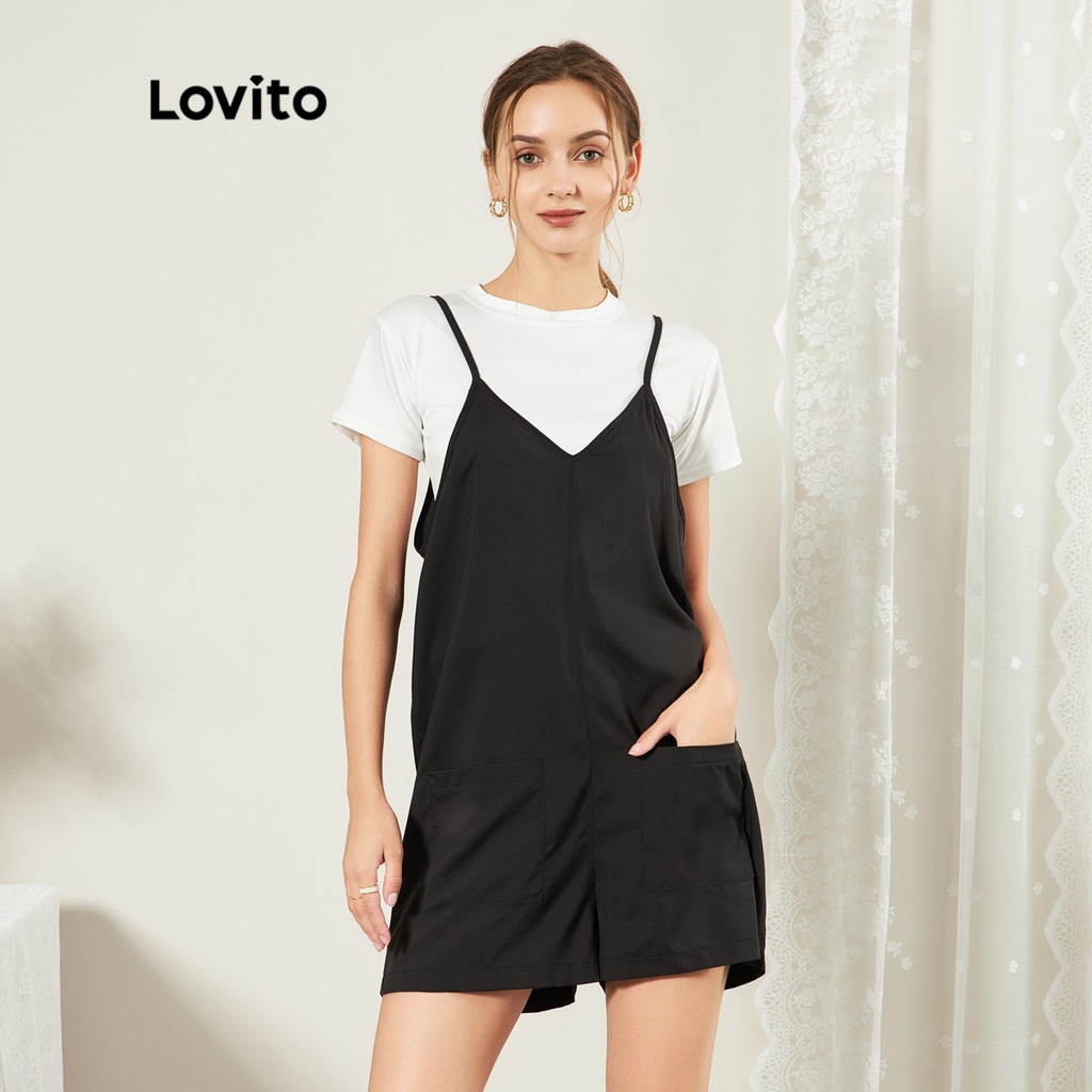 Áo liền quần Lovito mịn màng có túi họa tiết hoa thường ngày L25ED034 (màu đen)