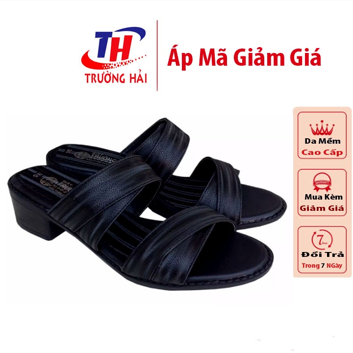 Dép nữ gót vuông 4cm Trường Hải Màu đen da mềm mại DCG01