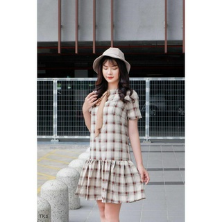Đầm babydoll hoạ tiết kẻ caro,  đuôi váy dáng xoè, có nơ xinh, đi làm đi chơi thoải mái Hàng VNXK V Fashion TK1