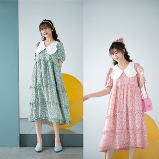 Váy lụa hoa cổ trắng, váy hoa babydoll cổ trắng