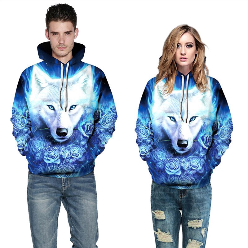 Áo thun hoodie tay dài nón dây rút có túi họa tiết sói trắng phối hoa hồng xanh độc đáo | BigBuy360 - bigbuy360.vn