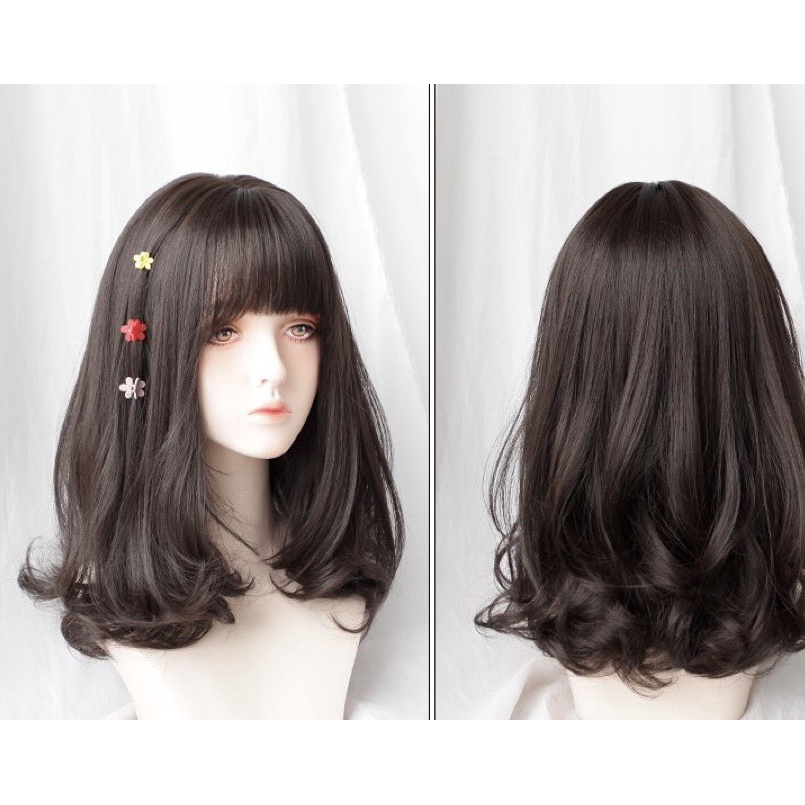Tóc giả nữ nguyên đầu xoăn ngắn 38cm, sợi tơ cao cấp, lưới hoa, tặng kèm lưới trùm, mã 1804