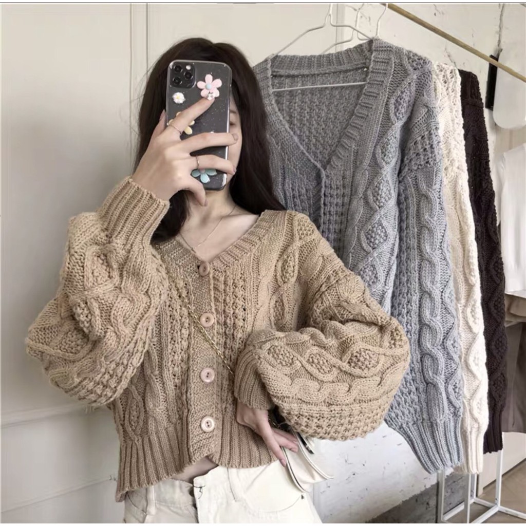[CÓ SẴN] Áo khoác len cardigan vặn thừng dày mùa thu đông PHOM NGẮN