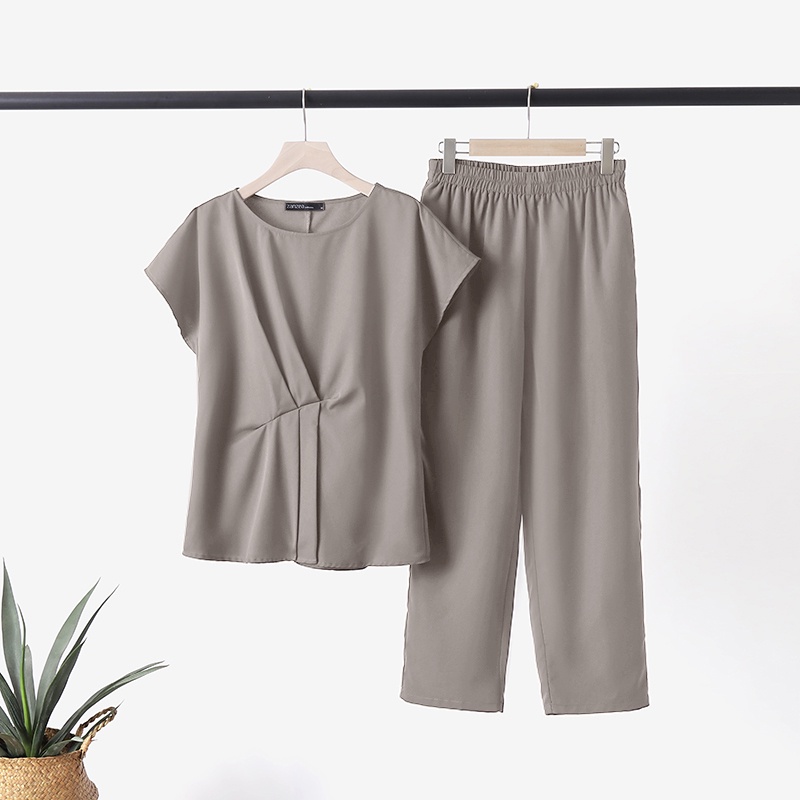 Set đồ ZANZEA gồm áo ngắn tay cổ tròn + quần dài màu trơn phong cách cổ điển thanh lịch cho nữ