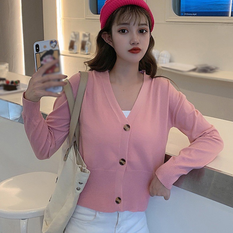Áo khoác cardigan dệt kim màu trơn phối nút dễ thương nhiều màu tùy chọn cho nữ