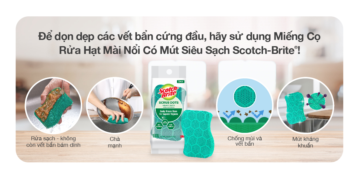 Combo 2 Miếng rửa chén hạt nổi siêu sạch Scotch Brite 3M đa năng, mút kháng khuẩn, không bám cặn bẩn gây mùi màu xanh