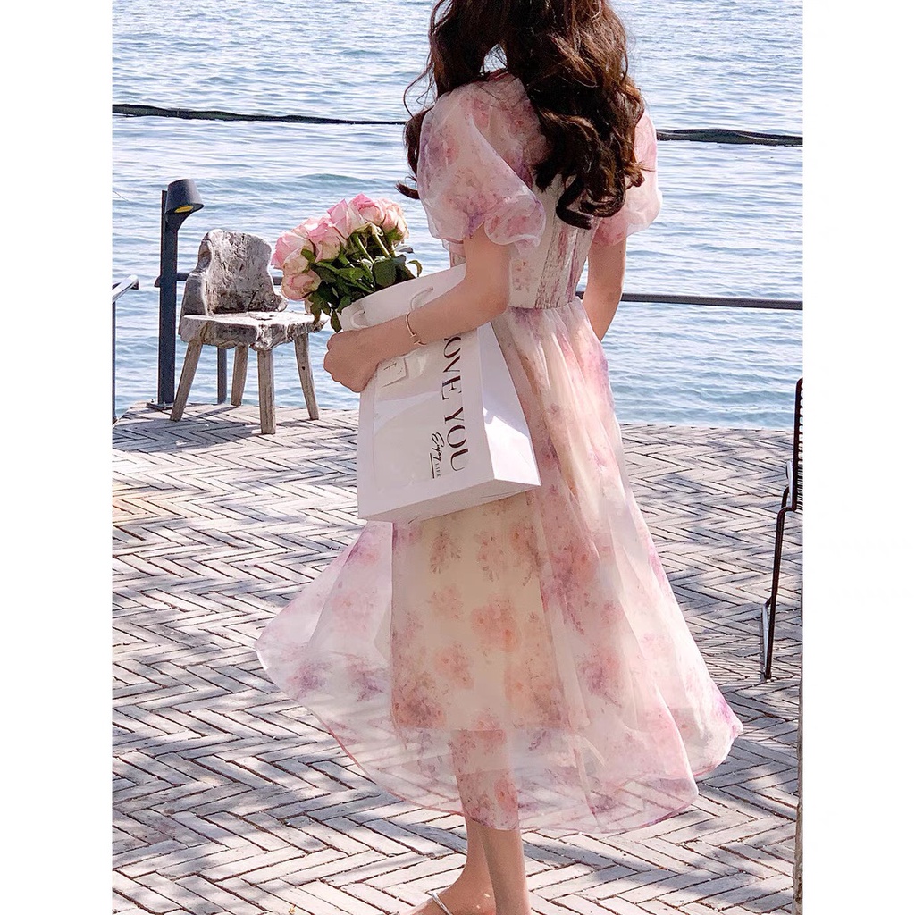 Váy maxi tơ hoa tay bồng tiểu thư, nhẹ nhàng nữ tính hàng Quảng Châu