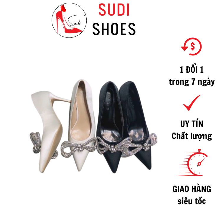 Giày cao gót SUDI - H94-BDC 5p nhọn bít mũi có nơ đính đá to 2 màu trắng đen tiểu thư cuốn hút mọi ánh nhìn