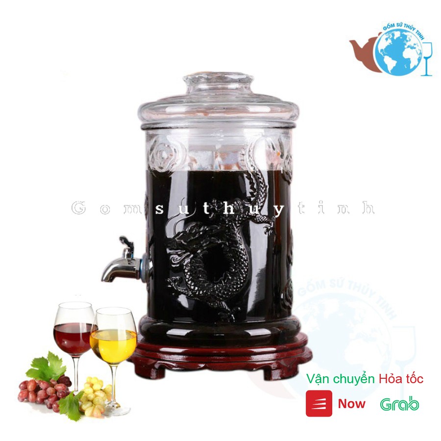 Bình Ngâm Rượu Thủy Tinh 15 Lít Dáng Trụ Có Hoa Văn Rồng - Có Van