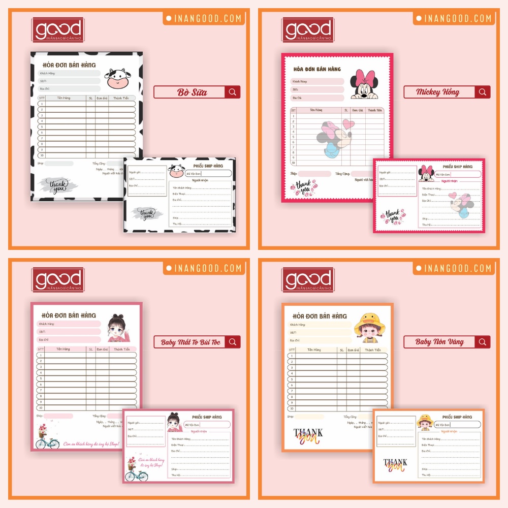 Combo 50 phiếu giao hàng, hóa đơn bán lẻ in sẵn họa tiết nhân vật hoạt hình