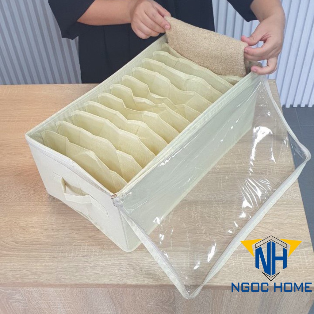 Hộp vải đựng quần áo NGỌC HOME hộp để quần áo, khăn tắm, đồ lót có khóa kéo mặt kính ni lông nhiều ngăn tiện ích