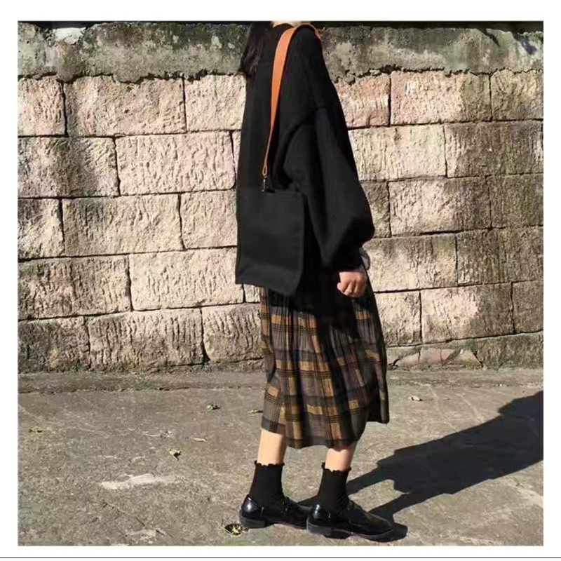 Chân váy dài dạ kẻ caro vintage chân váy xếp ly dài dáng xòe phong cách retro eooshop