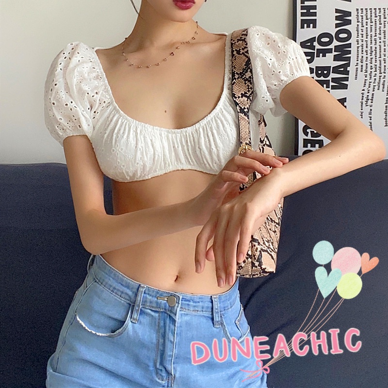 DUNEA Áo Croptop Cổ Vuông Tay Phồng Thời Trang Cho Nữ