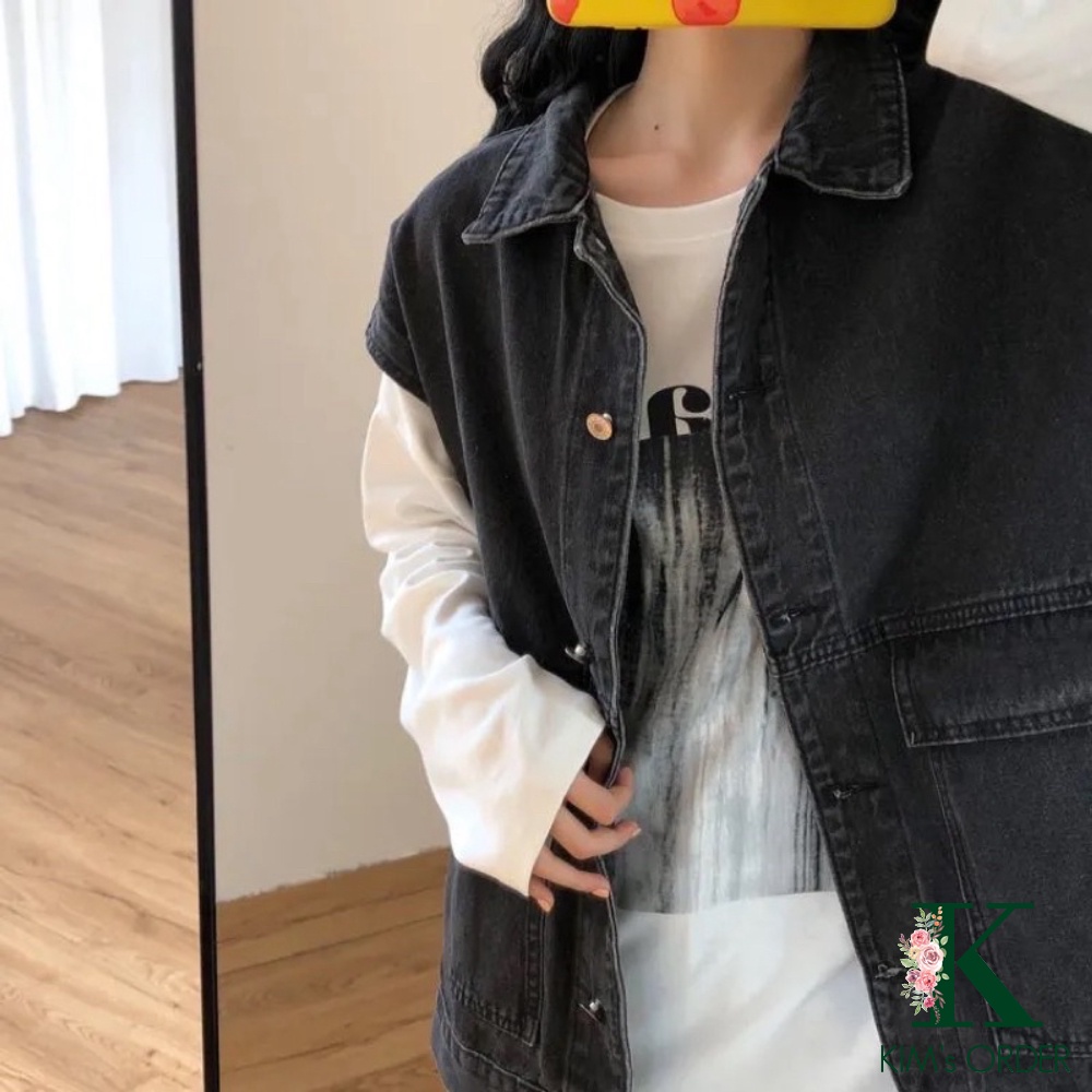 Áo khoác gile bò nữ màu đen chất liệu jean co dãn phom dáng rộng phong cách đường phố cá tính Hàn Quốc