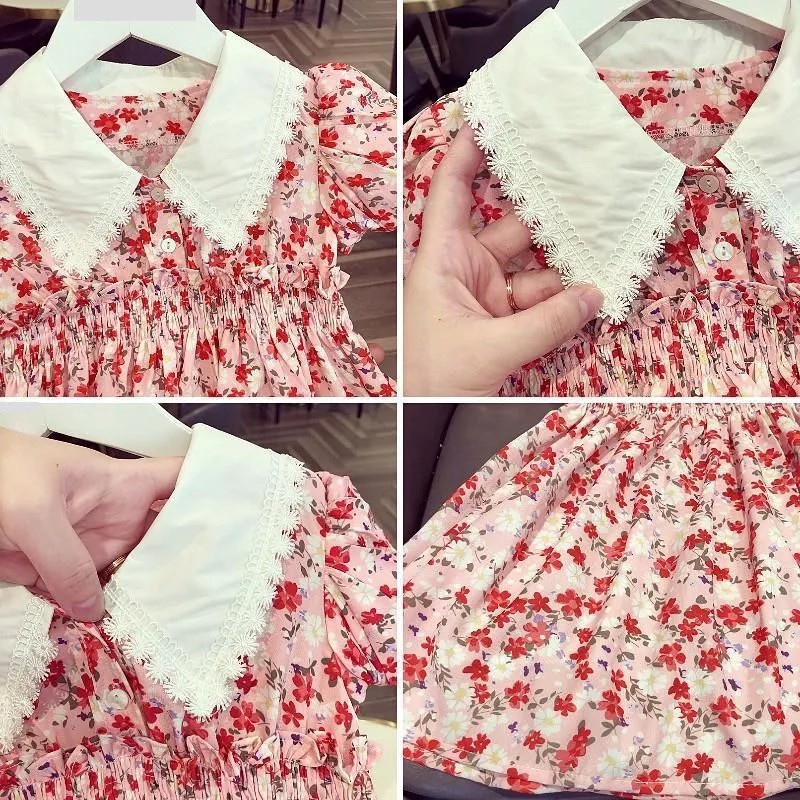 Váy đầm hoa nhí đỏ phối cổ ren trắng cho bé gái (N00749)